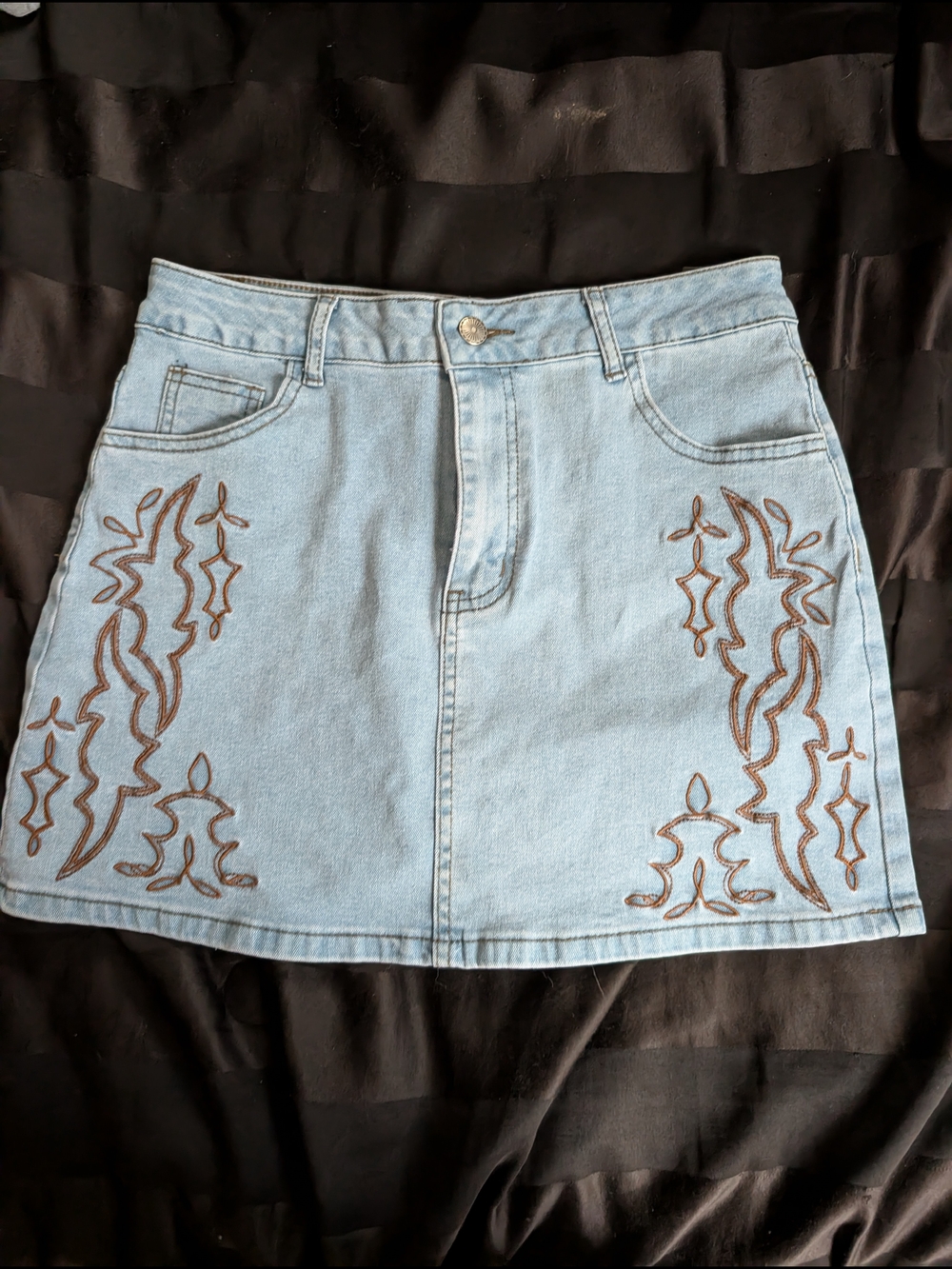 Lucky & Blessed Light Blue Denim Mini Skirt with Brown Embroidery